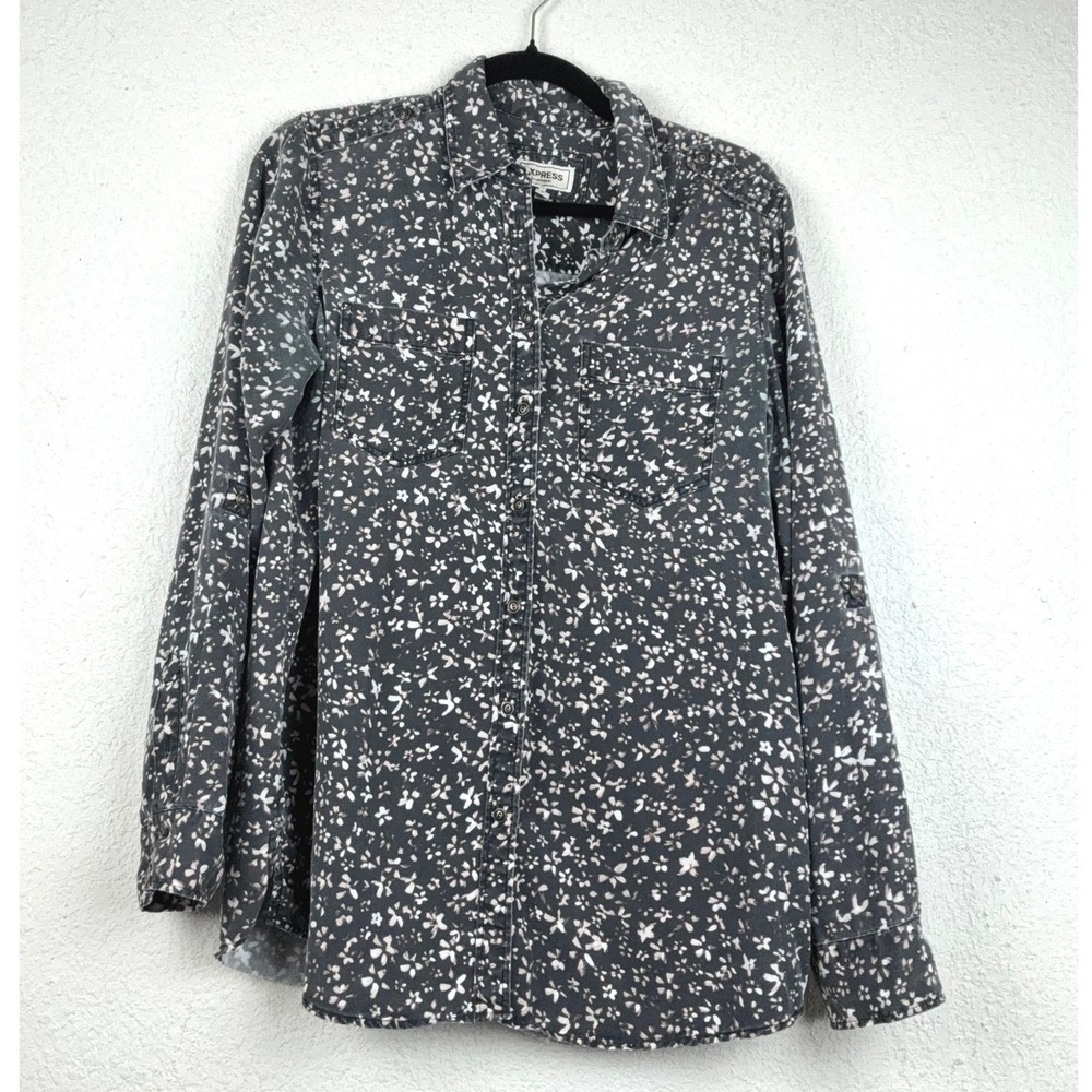 Express Charcoal Batik Button Down - L - Lyocell Roll Tab Sleeve Boho Casual